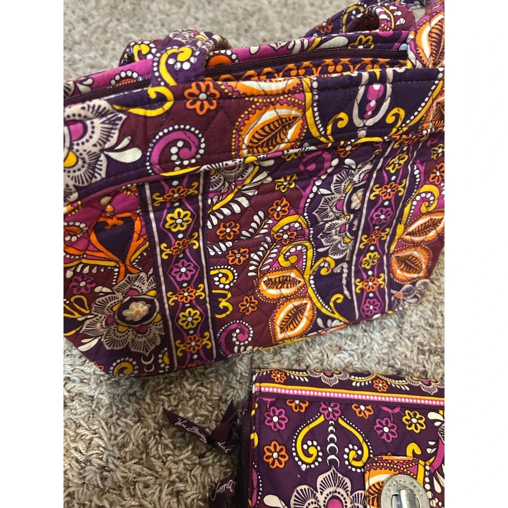 Vera Bradley Vibrant Paisley Quilted Tote Bag and Turnlock Wallet‎ Set Purple